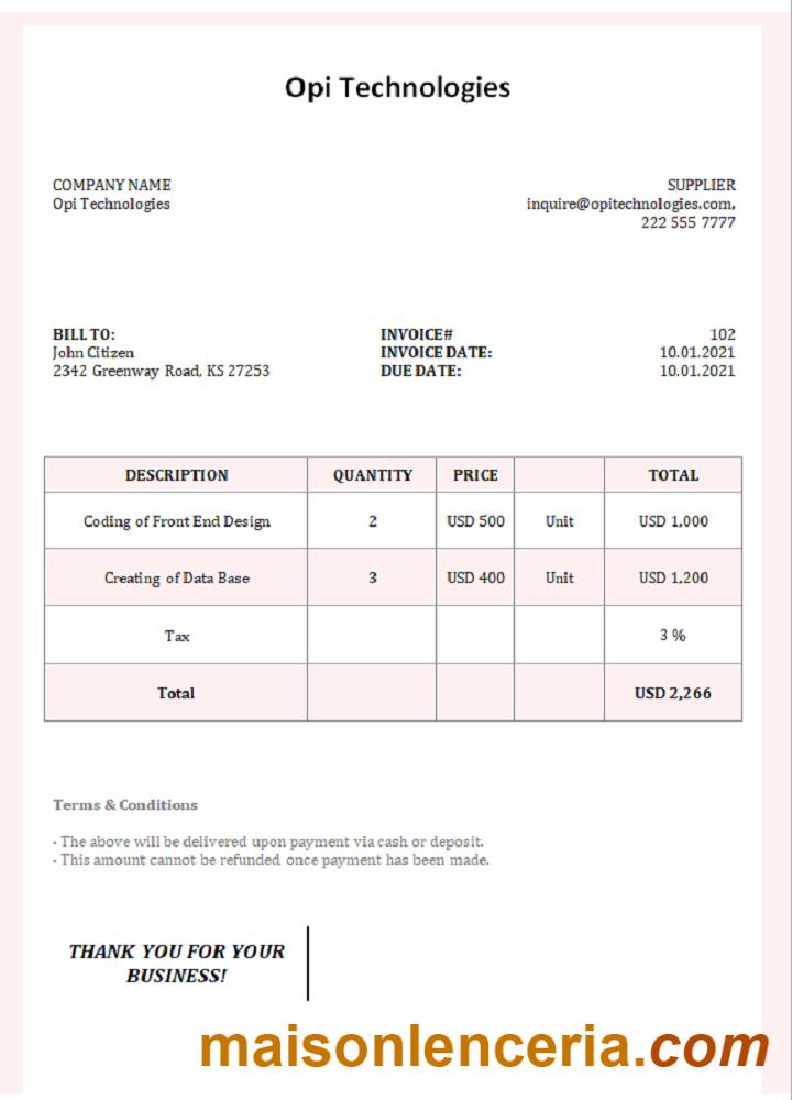 USA Opi Technologies faktura Word i PDF szablon